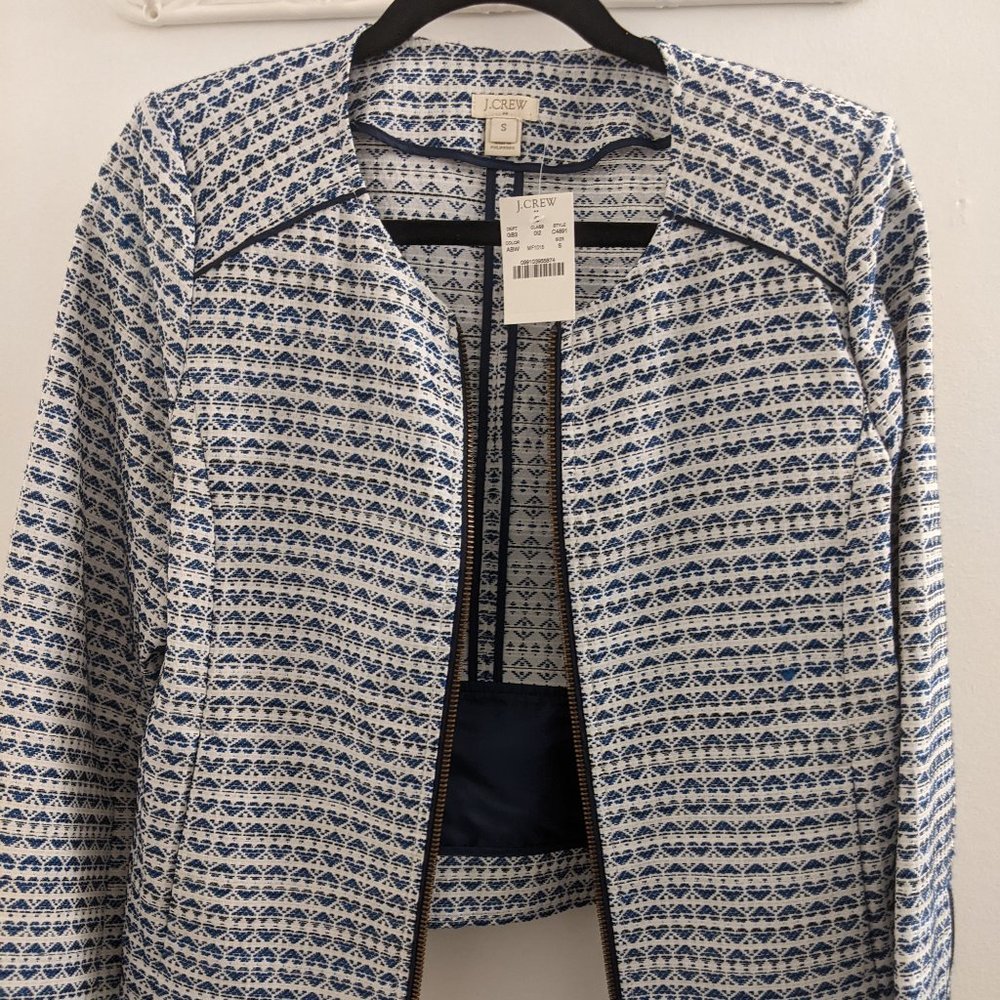 ❌Sold❌NWT J.Crew Jacket Jacquard Full Zip Blue/White Collarless Blazer Size S